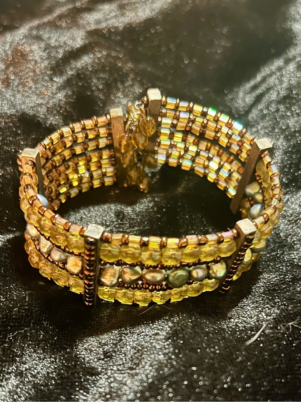 Gold and earth tones beaded open cuff stretch bracelet